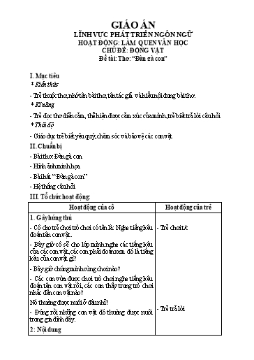 Giáo án Chủ đề: Động vật - Đề tài: Thơ: “đàn gà con”
