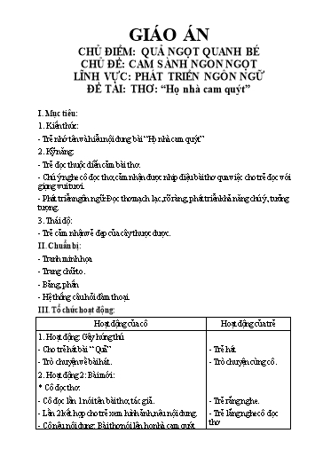 Giáo án Lĩnh vực: Phát triển ngôn ngữ - Đề tài: Thơ: “họ nhà cam quýt”