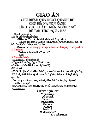 Giáo án Lĩnh vực: Phát triển ngôn ngữ - Đề tài: Thơ: “quả na”