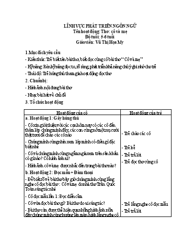 Giáo án Lĩnh vực phát triển ngôn ngữ - Hoạt động: Thơ: Cô và mẹ
