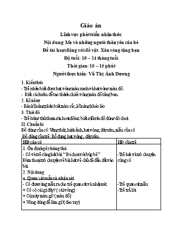 Giáo án Lĩnh vực phát triển nhận thức - Nội dung: Mẹ và những người thân yêu của bé - Đề tài hoạt động với đồ vật: Xâu vòng tặng bạn