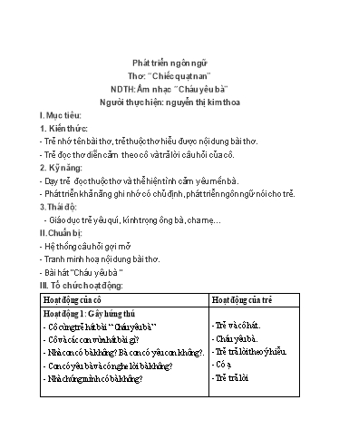 Giáo án Phát triển ngôn ngữ - Thơ: “Chiếc quạt nan” - NDTH: Âm nhạc “Cháu yêu bà”