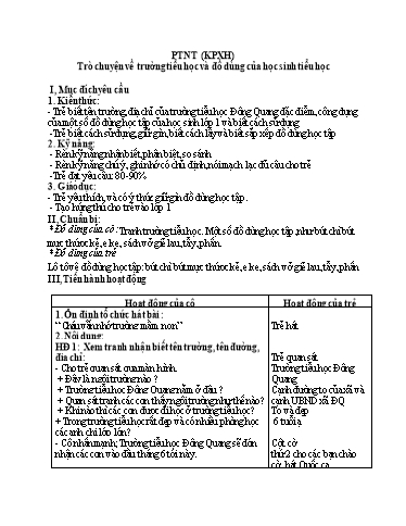 Giáo án Phát triển nhận thức: Trò chuyện về trường tiểu học và đồ dùng của học sinh tiểu học