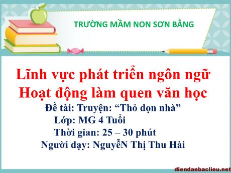 Bài giảng Giáo án Lớp MG 4 tuổi B - PTNN, LQVH, Đề tài: Truyện Thỏ dọn nhà - Năm học 2024-2025 (Nguyễn Thị Thu Hài)