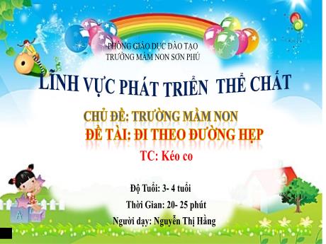 Bài giảng Mẫu giáo Lớp 3 tuổi - PTTC, Chủ đề: Trường mầm non - Đề tài: Đi theo đường hẹp. Kéo co (Nguyễn Thị Hằng)