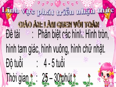 Bài giảng Mẫu giáo Lớp 4 tuổi - PTNT, Làm quen với Toán, Đề tài: Phân biệt các hình: Hình tròn, hình tam giác, hình vuông, hình chữ nhật