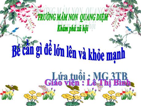 Bài giảng Giáo án Mầm non 3 tuổi - Khám phá xã hội: Bé cần gì để lớn lên và khỏe mạnh