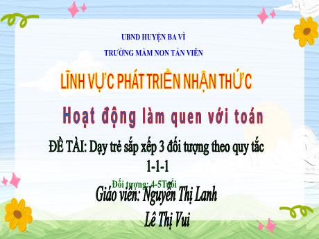 Bài giảng Lớp Chồi - Dạy trẻ sắp xếp 3 đối tượng theo quy tắc 1-1-1 - Nguyễn Thị Lanh - Lê Thị Vui