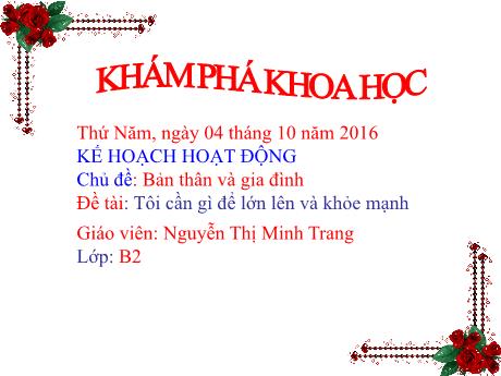 Bài giảng Lớp Mầm - Chủ đề: Bản thân và gia đình - Đề tài: Tôi cần gì để lớn lên và khỏe mạnh - Năm học 2016-2017 - Nguyễn Thị Minh Trang