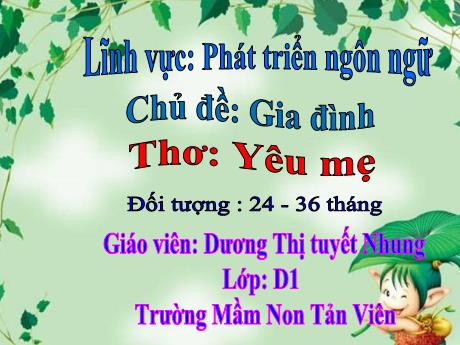 Bài giảng Lớp Nhà trẻ - Phát triển ngôn ngữ - Chủ đề: Gia đình - Thơ: Yêu mẹ - Dương Thị tuyết Nhung