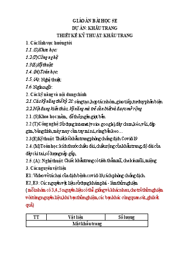 Giáo án 5E Lớp Mầm - Dự án: Khẩu trang - Thiết kế kỹ thuật: Khẩu trang