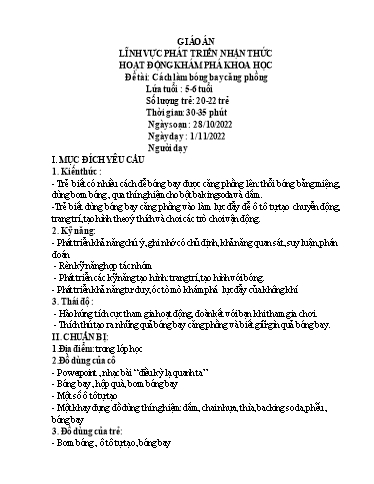 Giáo án Lớp Lá - Phát triển nhận thức - Đề tài: Cách làm bóng bay căng phồng - Năm học 2021-2022
