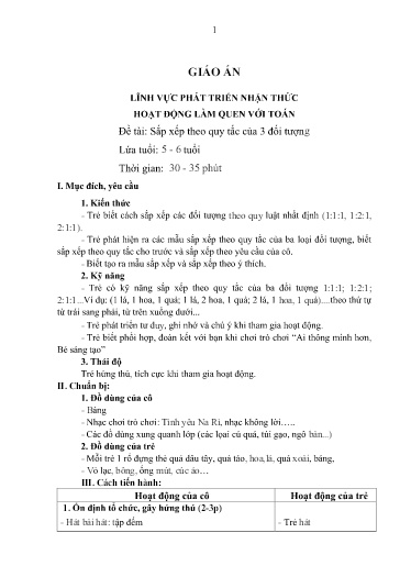 Giáo án Lớp Lá - Phát triển nhận thức - Đề tài: Sắp xếp theo quy tắc của 3 đối tượng