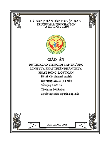 Giáo án Lớp Mầm - Đề tài: Ôn các hình vuông, tròn, tam giác, chữ nhật - Năm học 2023-2024 - Nguyễn Thị Thảo