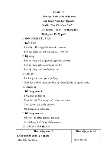Giáo án Lớp Nhà trẻ - Lĩnh vực Phát triển nhận thức - Hoạt động: Nhận biết tập nói