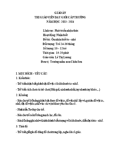 Giáo án Lớp Nhà trẻ - Phát triển nhận thức - Đề tài: Ôn nhận biết to - Nhỏ - Lê Thị Lương