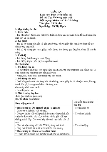 Giáo án Lớp Nhà trẻ - Phát triển thẩm mỹ - Đề tài: Tạo hình ông mặt trời - Tô Thị Hạnh