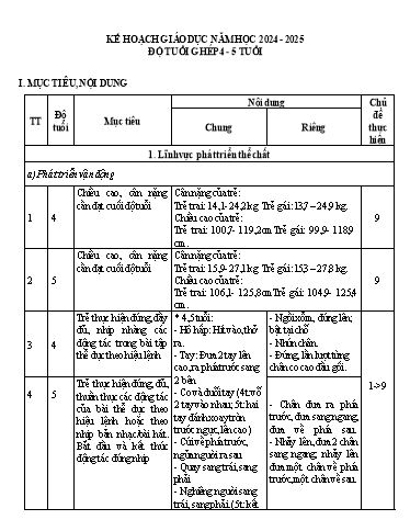 Kế hoạch giáo dục Mầm non (Lớp ghép 4-5 tuổi) - Năm học 2024-2025